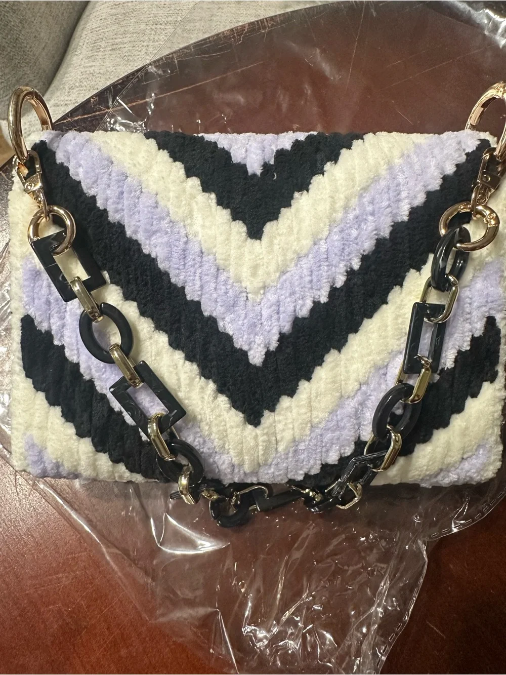 Handmade Chevron Clutch in Cream, Black & Lavender